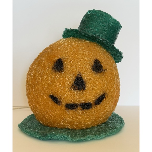VINTAGE Spaghetti Lucite Light Up Pumpkin/Jack-o-Lantern With Green Top Hat EUC - Picture 1 of 15